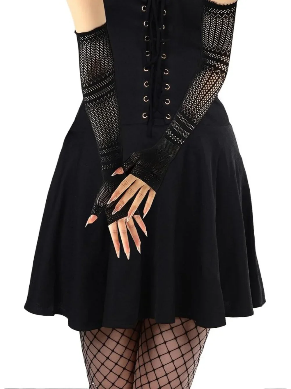 Women's Black Patterned Fishnet Long Fingerless Mesh Gothic Gloves Party